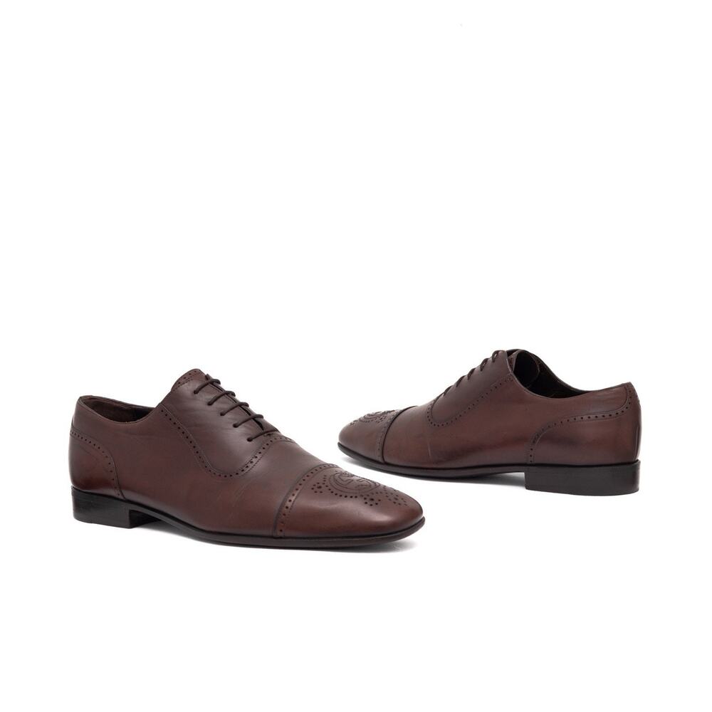 GUCCI Cap Toe Brogued GG Interlocking Oxfords Brown Leather 40.5/US:7.5